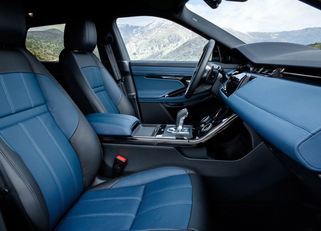 This is an image of the land rover range rover evoque blue seats