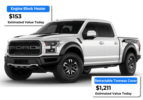 This is an image of a Ford F150 Raptor and a valuation of the engine block heater and tonneau cover