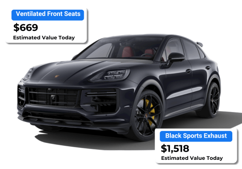 This is an image of a Porsche Cayenne and a valuation of the ventilated front seats and black sports exhaust