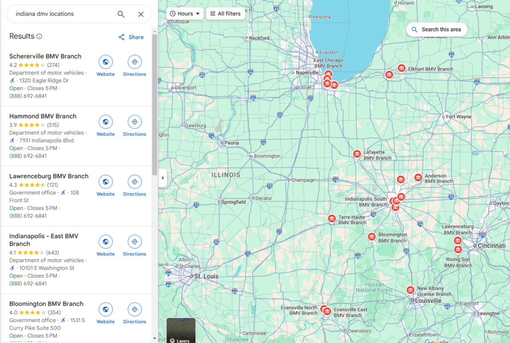 This is an image of the DMV locations in Indiana