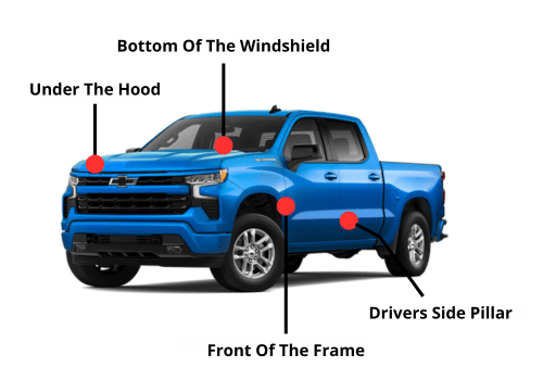 This is an image of the Chevrolet Silverado and it's VIN Locations