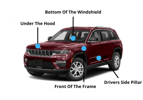 This is an image of a Jeep Grand Cherokee showing VIN locations