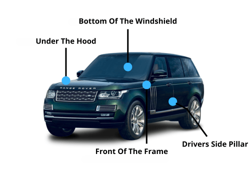 This is an image of a Land Rover Range Rover showing VIN Locations