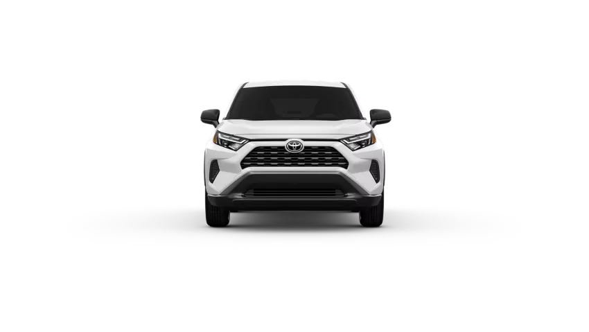 This is a picture of a white Toyota RAV4 LE from the front 2025