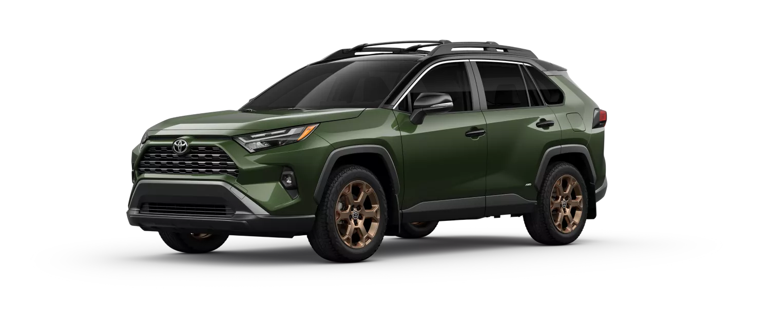 This is an image of the 2025 Toyota RAV4 Hybrid Woodland Edition in green for an article on the RAV4 XLE vs Woodland Edition